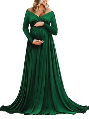 Off-Shoulder Emerald Green Maternity Maxi Dress